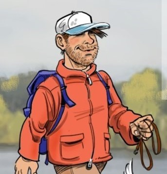 Jules, le personnage du livre "Les Voyages de Jules". Jeune homme avec une casquette, un manteau rouge et un sac à dos bleu.