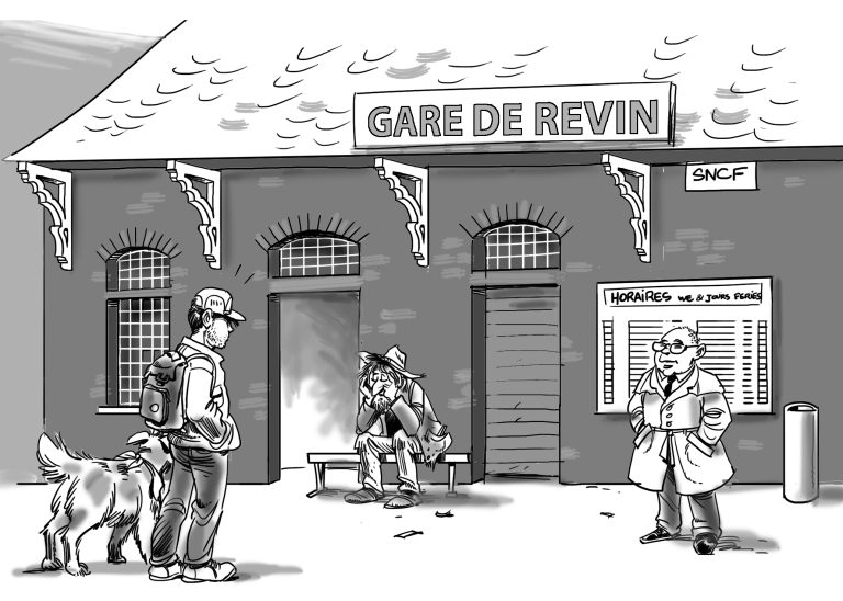 Jules et son chien arrivent devant la gare de Revin.