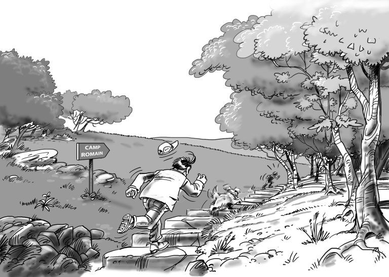 Jules et son chien poursuivent quelqu'un sur les marches qui mènent vers le camp romain.