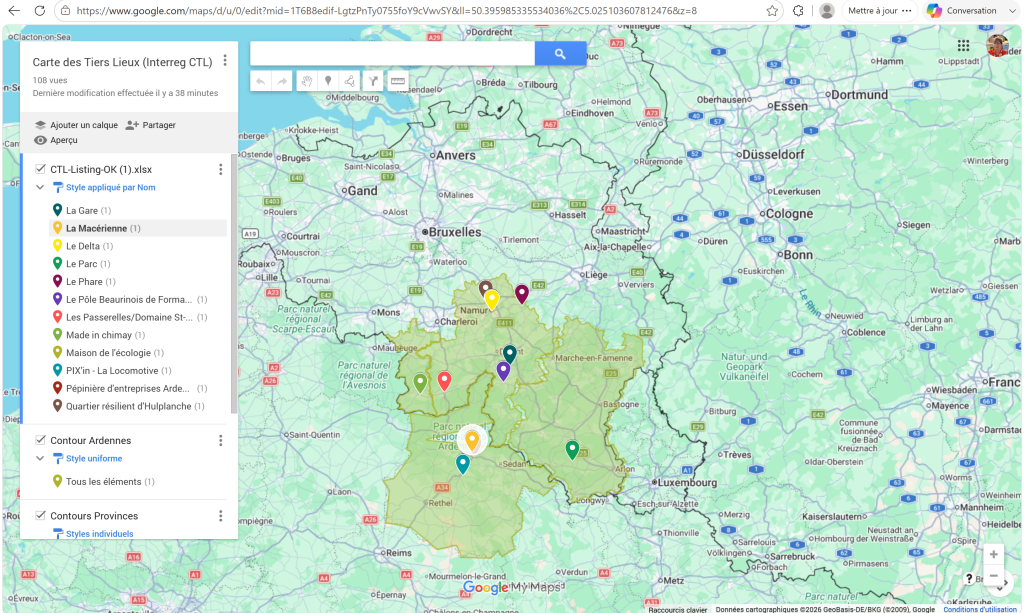 Carte des Tiers-lieux en Ardenne transfrontalière.