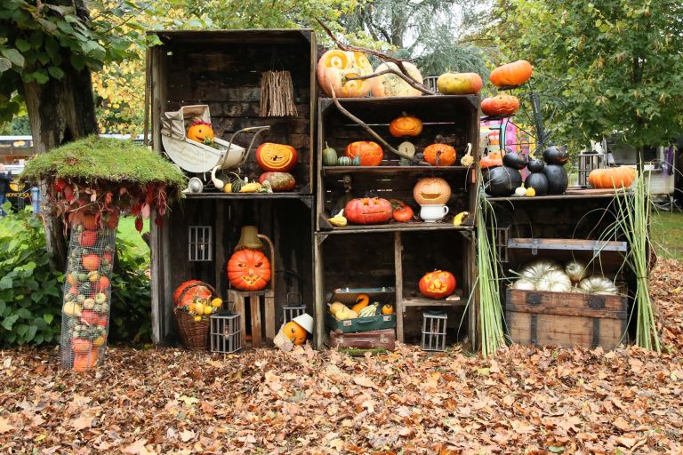 Décor avec citrouilles lors de la Nuit des sorcières à Jehay.